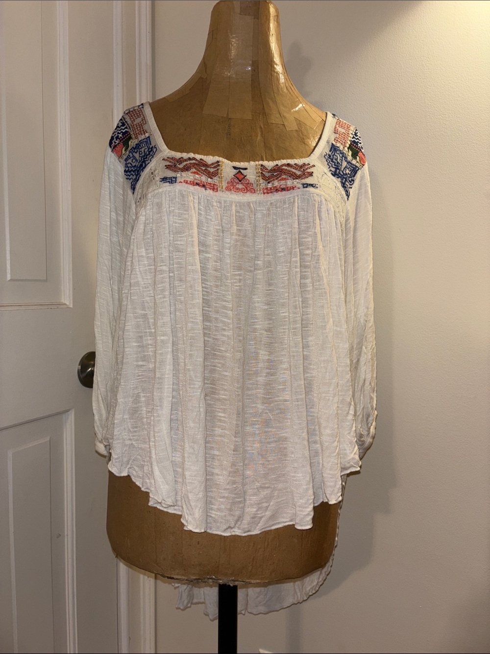 Free People White Gauze Peasant Top with Multicolor Embroidery